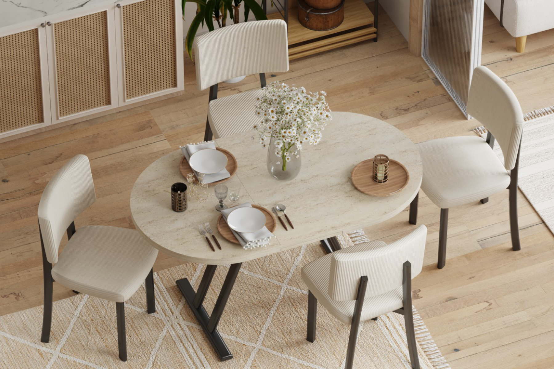 Afyon Traverten Masa Miray Metal Sandalye Takımı - 80x140 cm